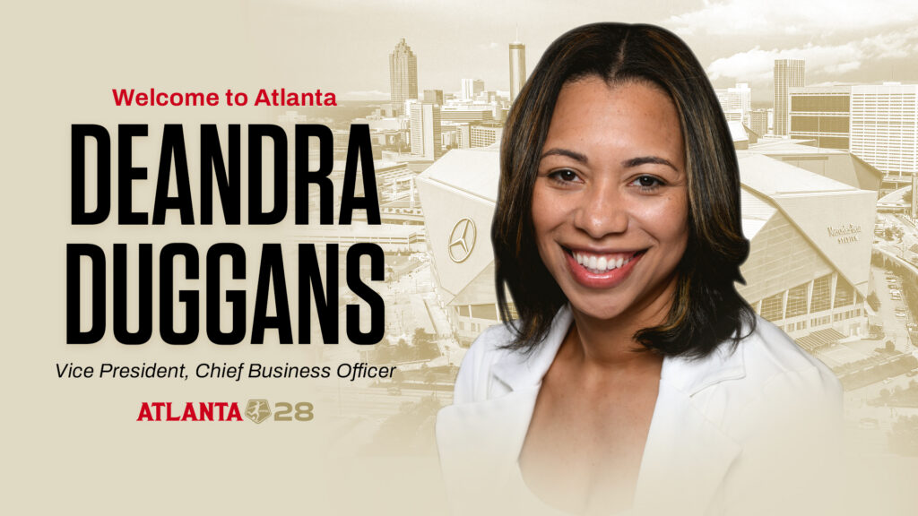 "Welcome to Atlanta" graphic introducing Deandra Duggans, Vice President, Chief Business Officer, with the Atlanta skyline and Mercedes-Benz Stadium behind her.