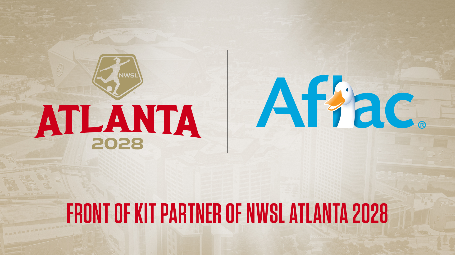 NWSL Atlanta 2028 and Aflac logos with the text "Front of Kit Partner of NWSL Atlanta 2028."