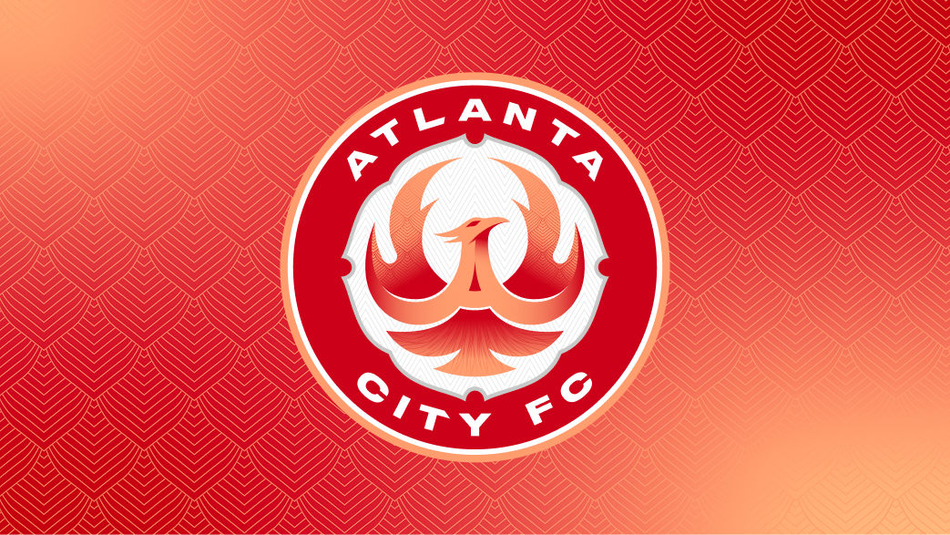 Atlanta City FC crest on a red and orange feather-pattern background.
