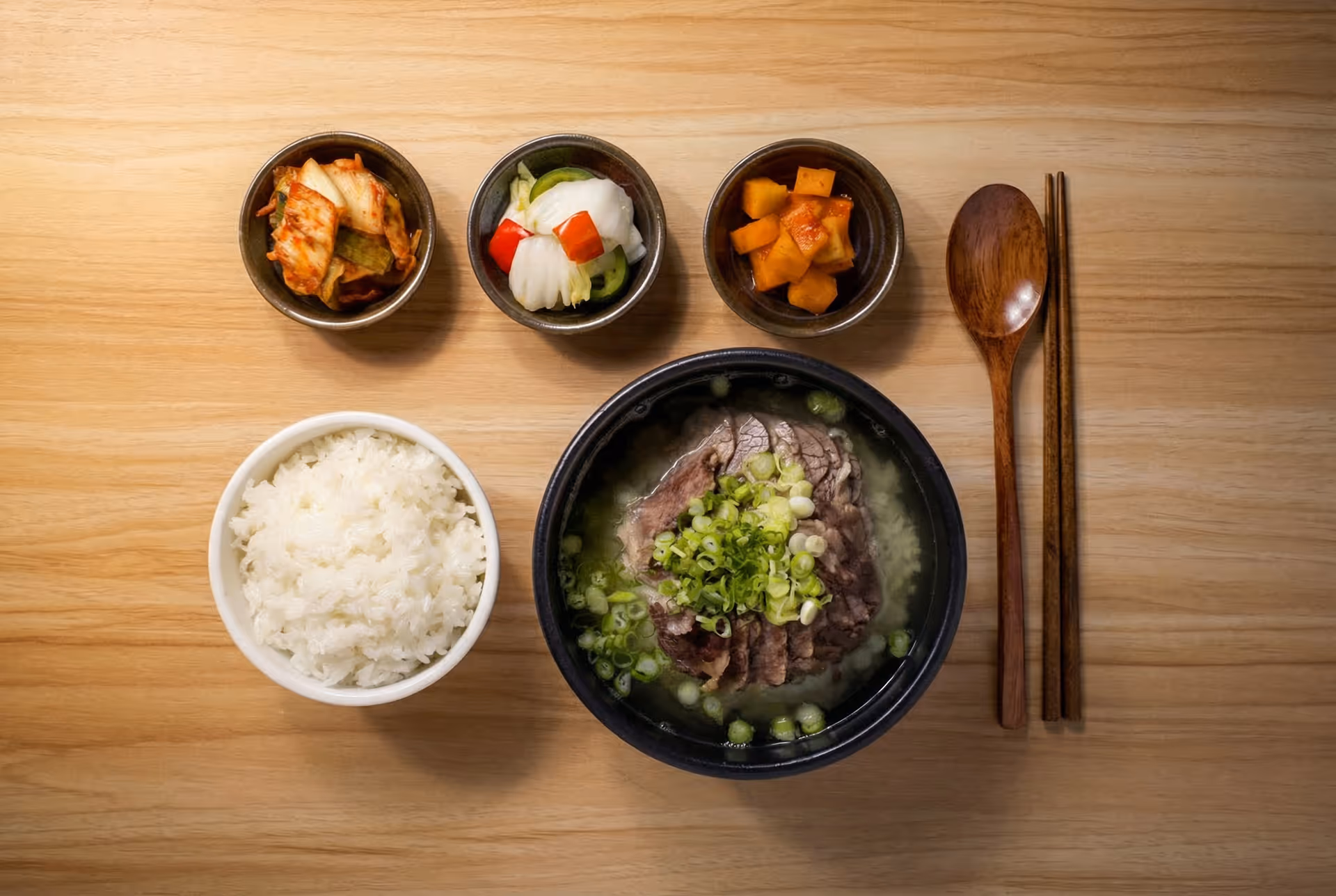 A Korean meal with a bowl of rice, beef soup garnished with green onions, three small dishes of kimchi and pickled vegetables, and wooden chopsticks with a spoon on a wooden table.