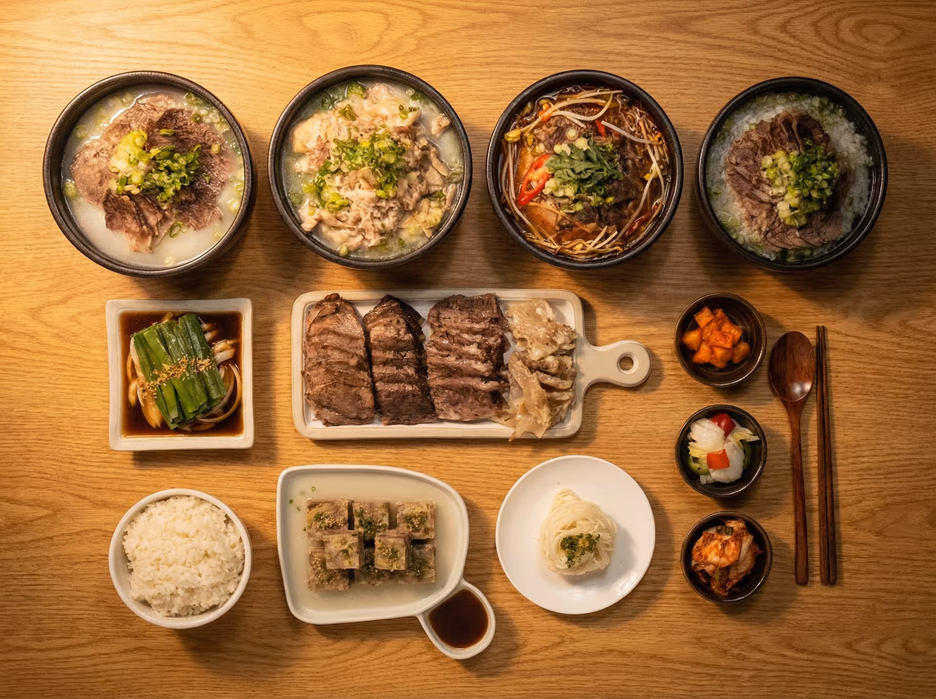 Various Korean dishes including bowls of soup with meat, grilled beef slices, rice, pickled vegetables, and kimchi on a wooden table with chopsticks and a wooden spoon.