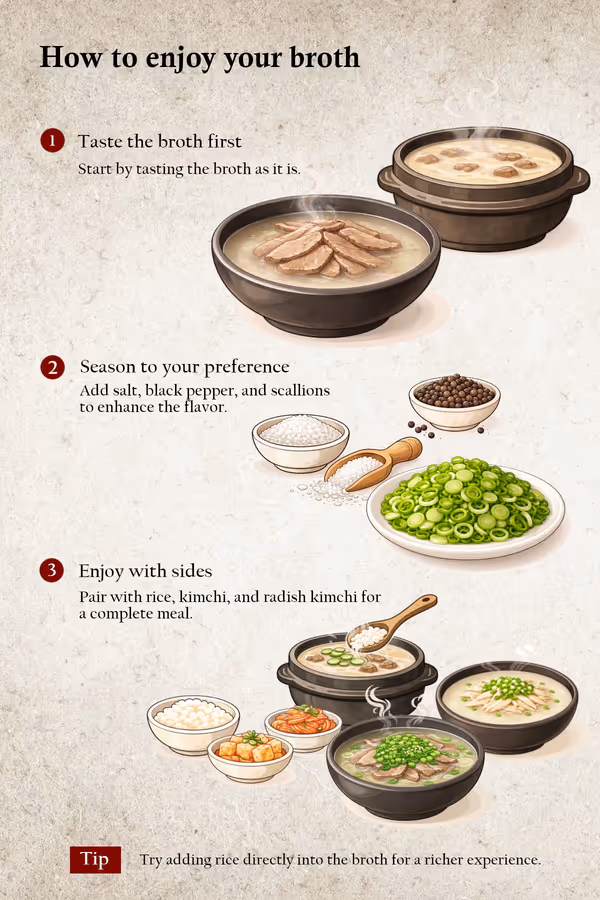 Instructions on how to enjoy broth with three steps: 1. Taste the broth as is, showing bowls of plain broth, 2. Season with salt, black pepper, and scallions, illustrated with bowls of seasonings, 3. Enjoy with sides like rice and kimchi, shown with soup bowls and side dishes, plus a tip to add rice directly into broth for richer taste.