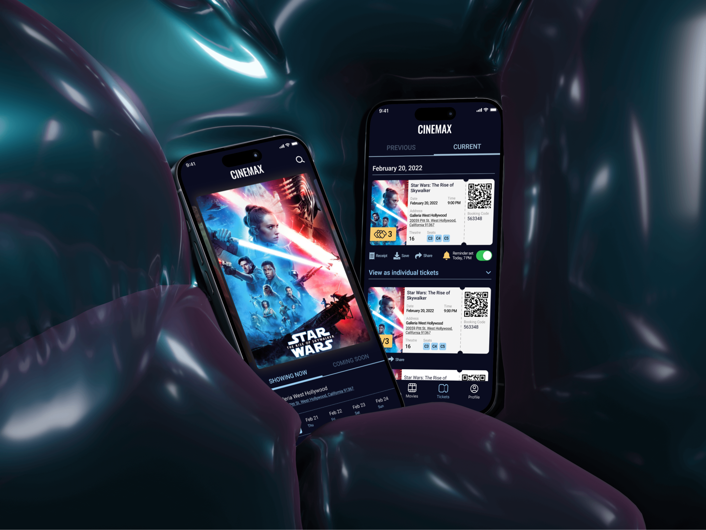 Cinemax ticket booking app screens on mobile phones