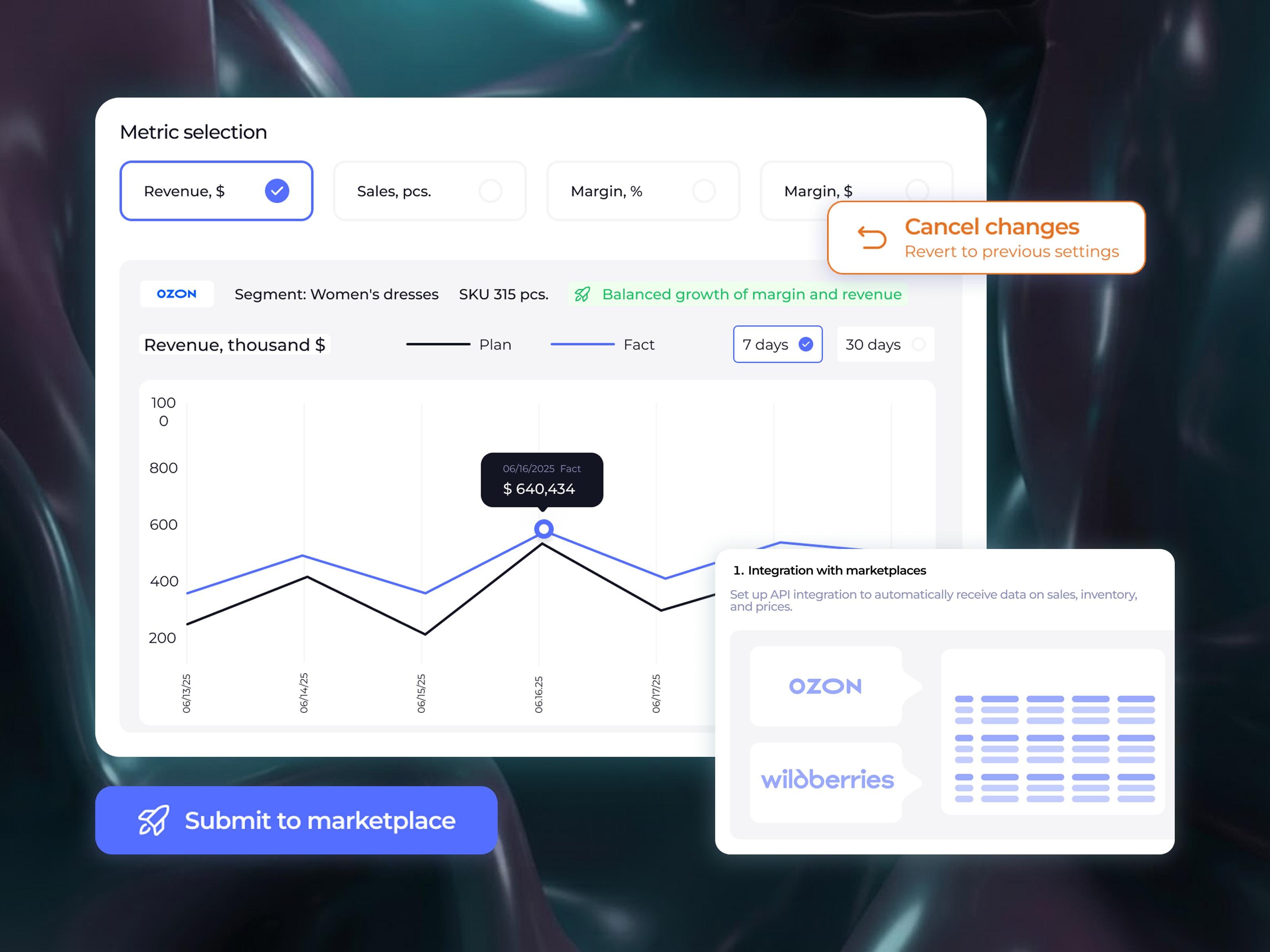 PriceMind pricing platform interface with pricing analytics, marketplace integration, and strategy actions