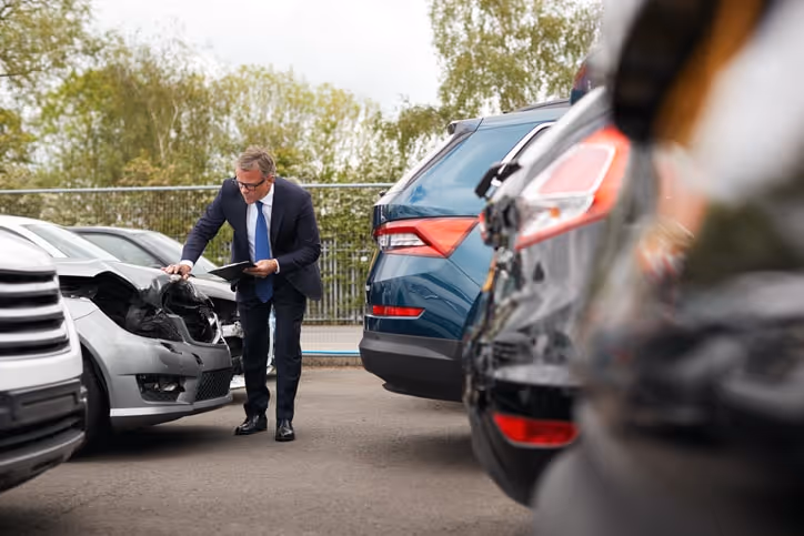 A male insurance adjuster in a suit inspects the damaged bumper of a silver car with a clipboard in hand.