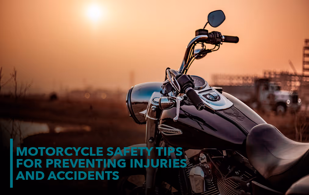 Unmanned dark purple motorcycle in a sunset with overlaid text: Motorcycle Safety Tips for Preventing Accidents and Injuries