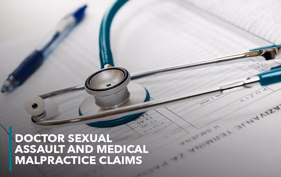 A stethoscope rests atop medical documents with a headline over the image that says "Doctor Sexual Assault and Medical Malpractice Claims."|Personal Injury Lawyers Near Phoenixenix.|A surgeon with gloved hands holds the hand of a patient receiving anesthesia. Anesthesiologists can be guilty of doctor sexual assault.|A civil lawsuit for doctor sexual assault can provide compensation to help pay for therapy.