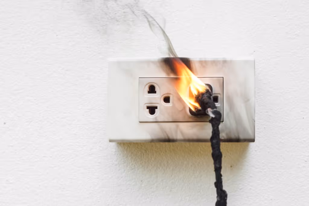 Burnt power cord that has caught fire plugged into a singed power outlet