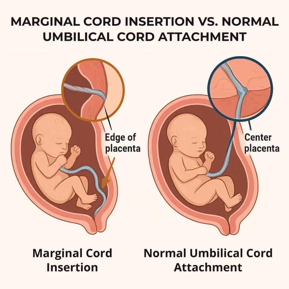 Diagram comparing marginal cord insertion vs normal, showing what is marginal cord insertion.