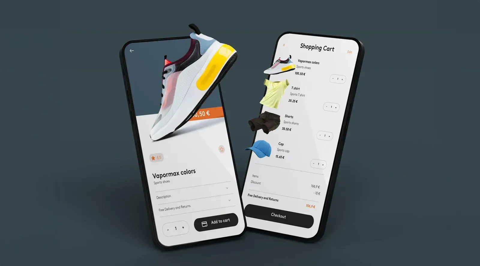 Two smartphones display online shopping: one shows a shoe product, the other a shopping cart with items.