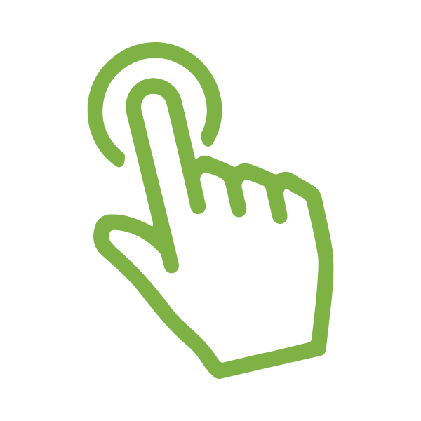 Green outline of a hand with an extended index finger pressing a circular button.