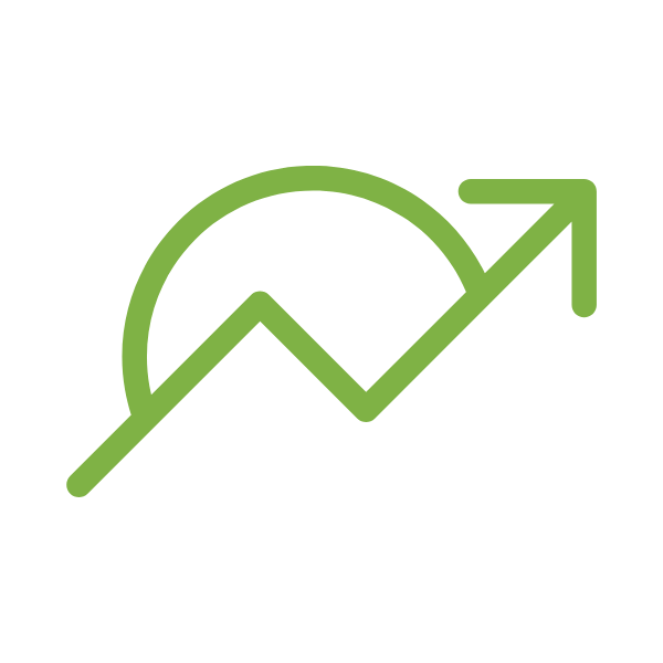Green upward trending arrow with a zigzag line crossing through a partial circle.