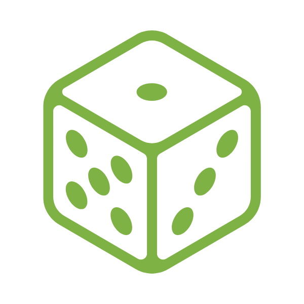 Green outlined cube-shaped die showing the numbers five, three, and one on three visible faces.