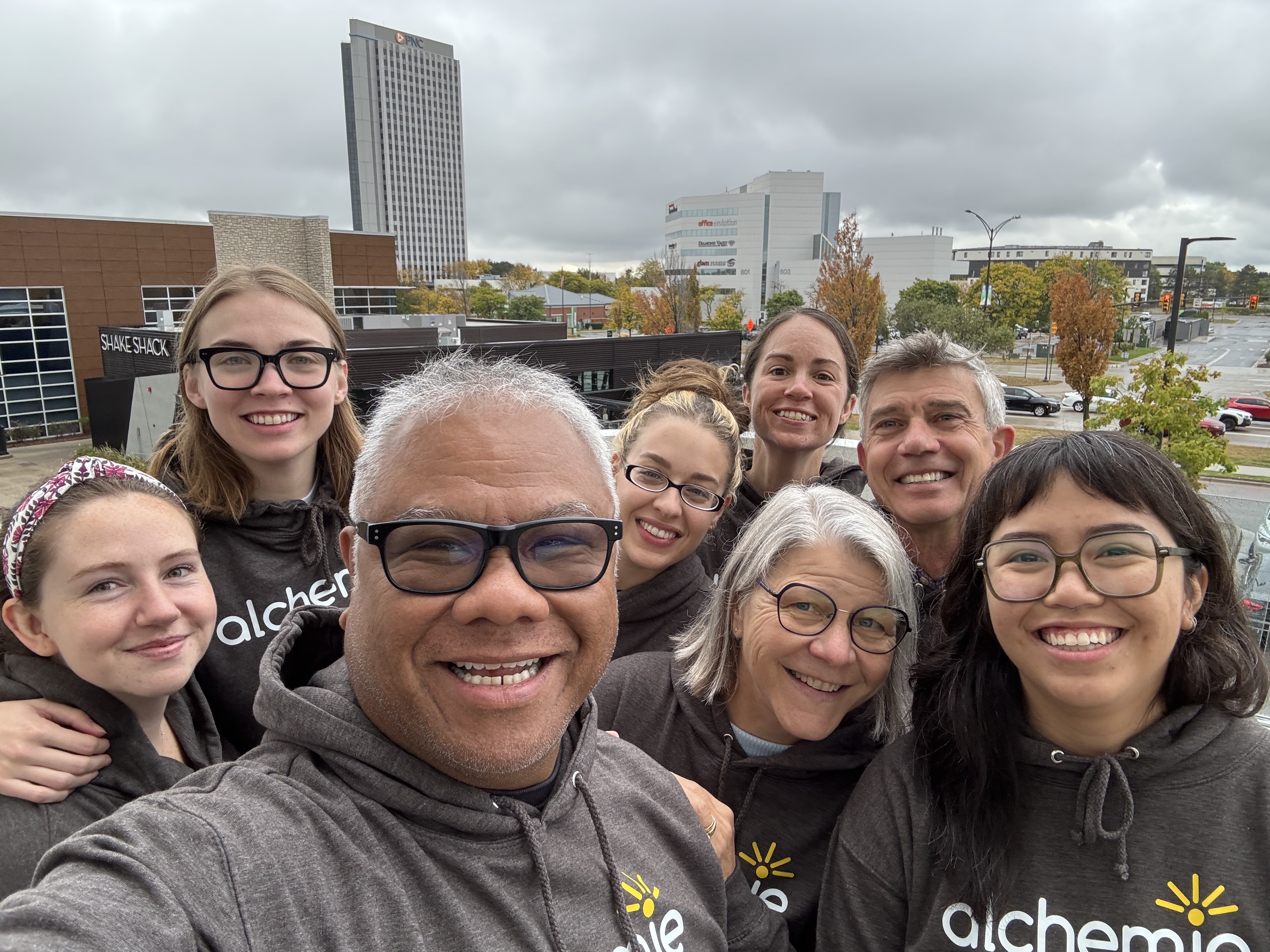 The Alchemie team. From left to right: Gianna Manchester, Katherine Rochon, Joe Engalan, Alexa Urrea, Sarah Wegwerth, Julia Winter, Carl Rundell, and Deb Nischik. 