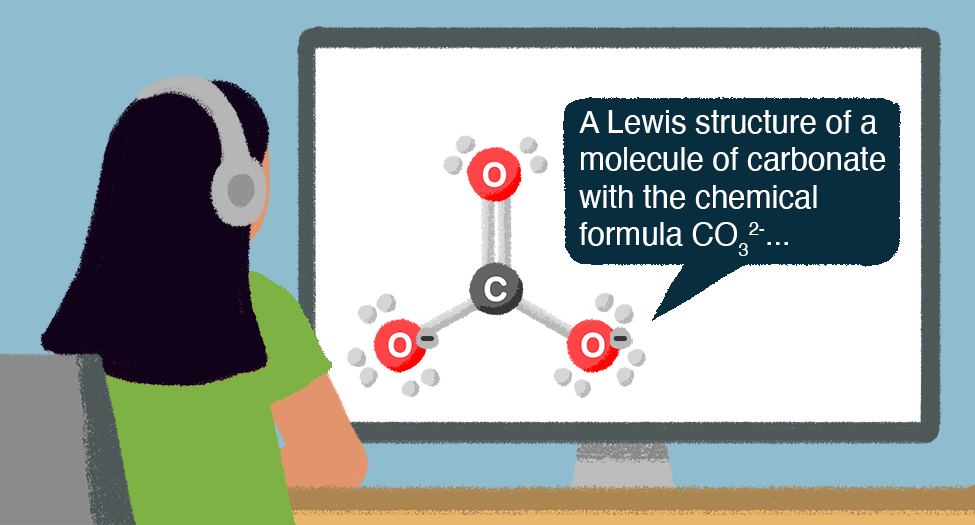 Person with headset looking at computer screen displaying Lewis structure of carbonate molecule with chemical formula CO3 2-.