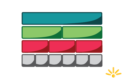 Cuisenaire tool image. Four rows of colored rectangular blocks in teal, green, red, and gray arranged in descending quantities from one to six.