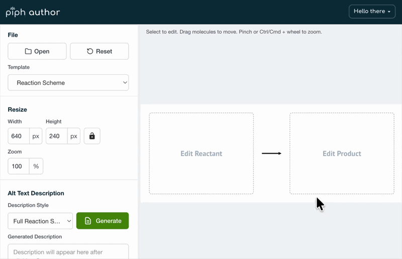 User interface of Piph by Alchemie with a Reaction Schemes Generator template showing areas for reactant and product files, arrow type selection, and layout dimensions.