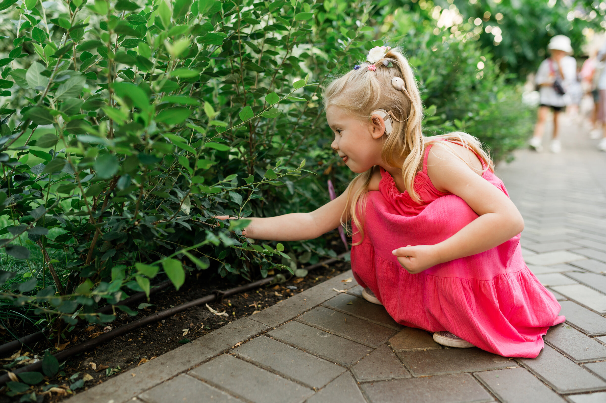 Kind berührt neugierig die grünen Blätter einer Gartenhecke