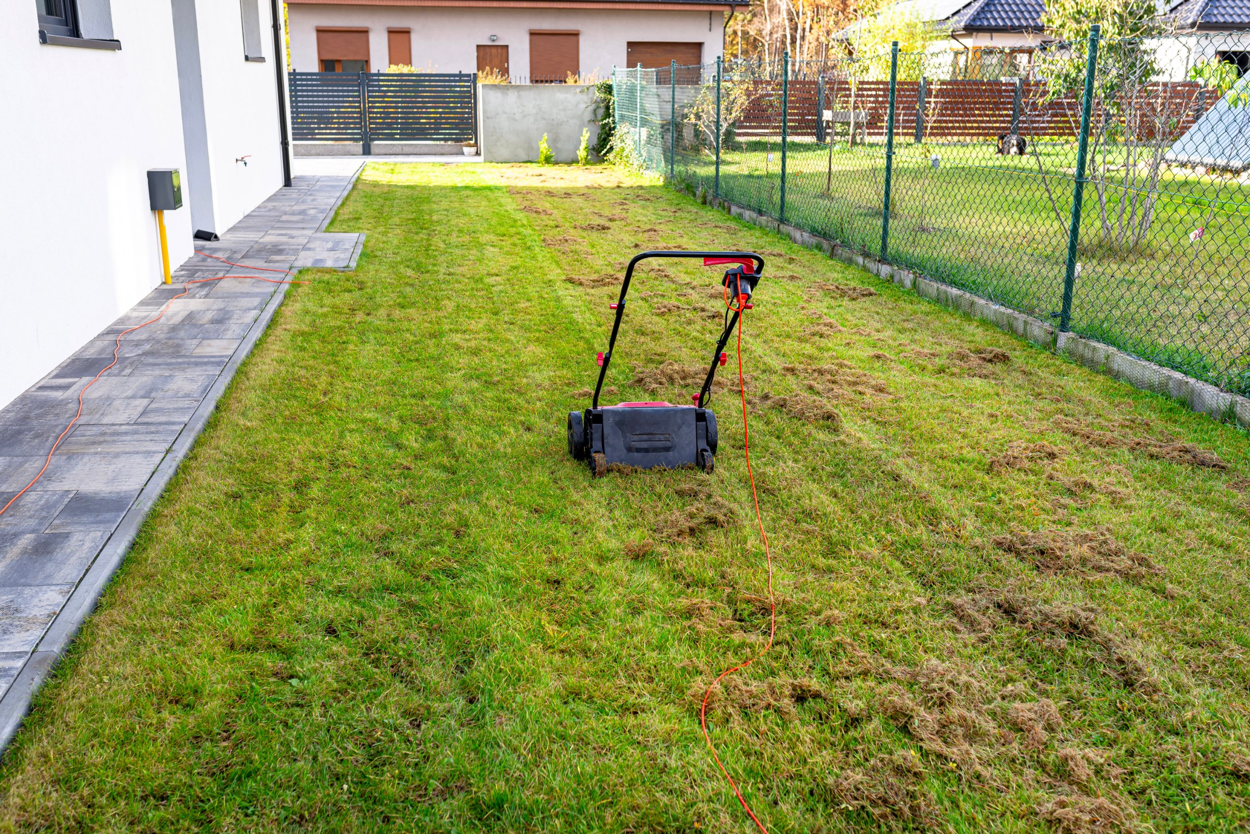 Elektrischer Rasenvertikutierer auf einem Rasen neben einem Haus, auf der Fläche liegt herausgeharkter Rasenfilz