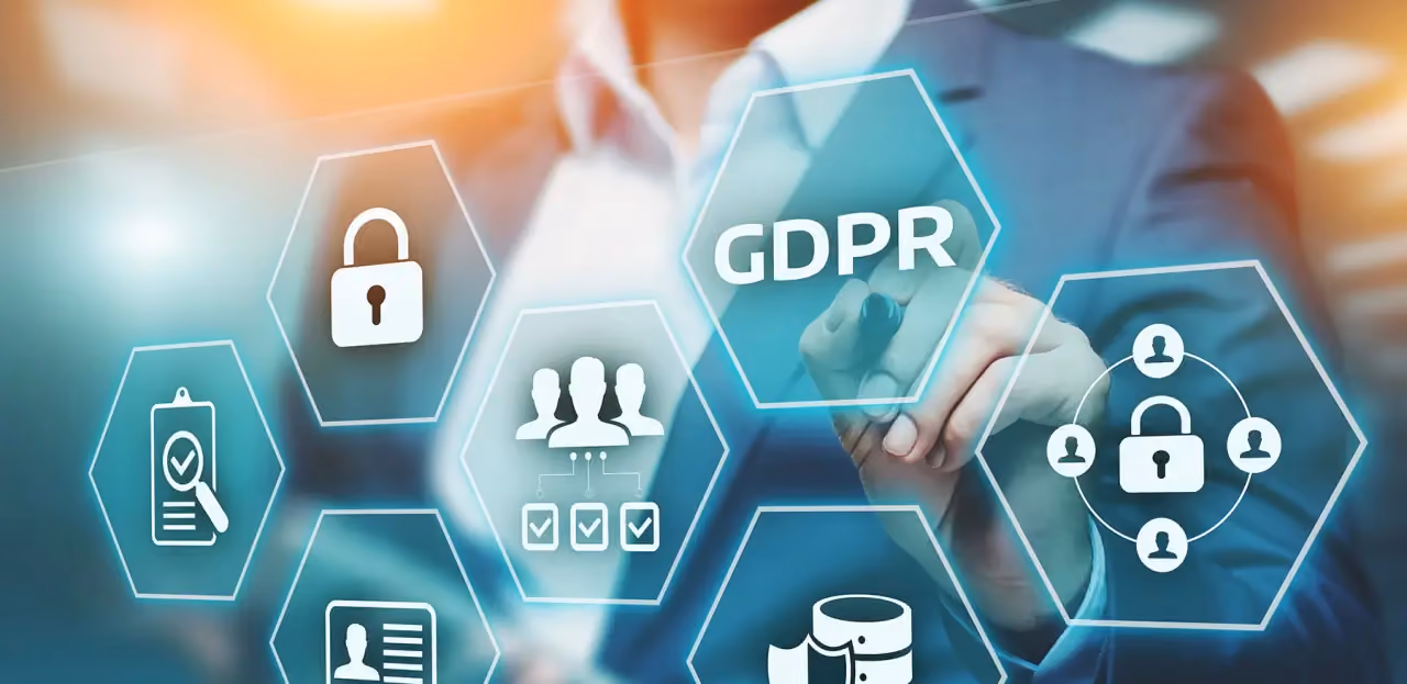 A professional interacts with a GDPR compliance interface, representing the data protection obligations online proctoring companies must meet when serving EU-based learners.