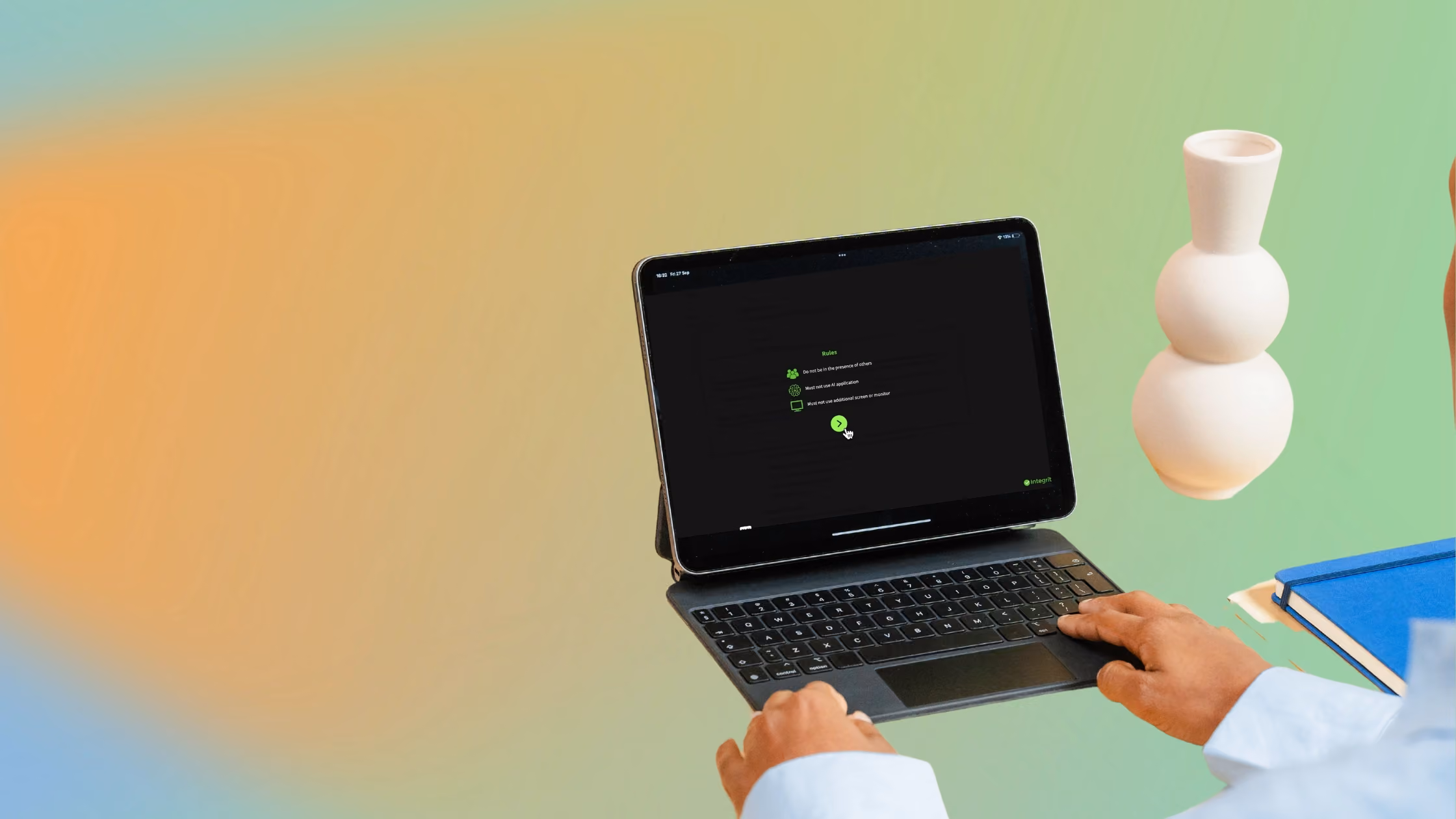 Image alt text: A learner uses a tablet displaying Integrity Advocate's proctoring rules screen, representing the online continuing education integrity standards discussed in the IACET webinar with Randy Bowman.