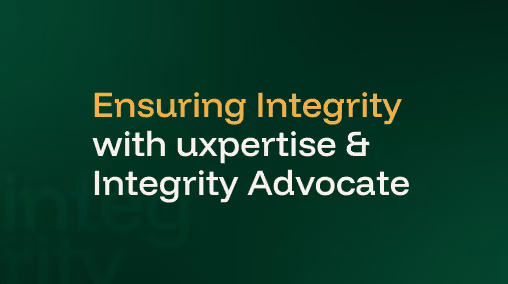 The uxpertise and Integrity Advocate partnership logo card with the text Ensuring Integrity with uxpertise and Integrity Advocate on a dark green background, representing the joint webinar on secure bilingual online proctoring for Canadian institutions.