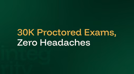 A dark green branded card with the text 30K Proctored Exams, Zero Headaches in Integrity Advocate's Midnight Green and Mustard Gold palette, representing the National Payroll Institute webinar recap on seamless e-proctoring at scale.