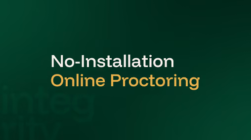A dark green branded card with the text No-Installation Online Proctoring in Integrity Advocate's Midnight Green and Mustard Gold palette, representing the TopClass LMS webinar on browser-based, privacy-first exam monitoring.