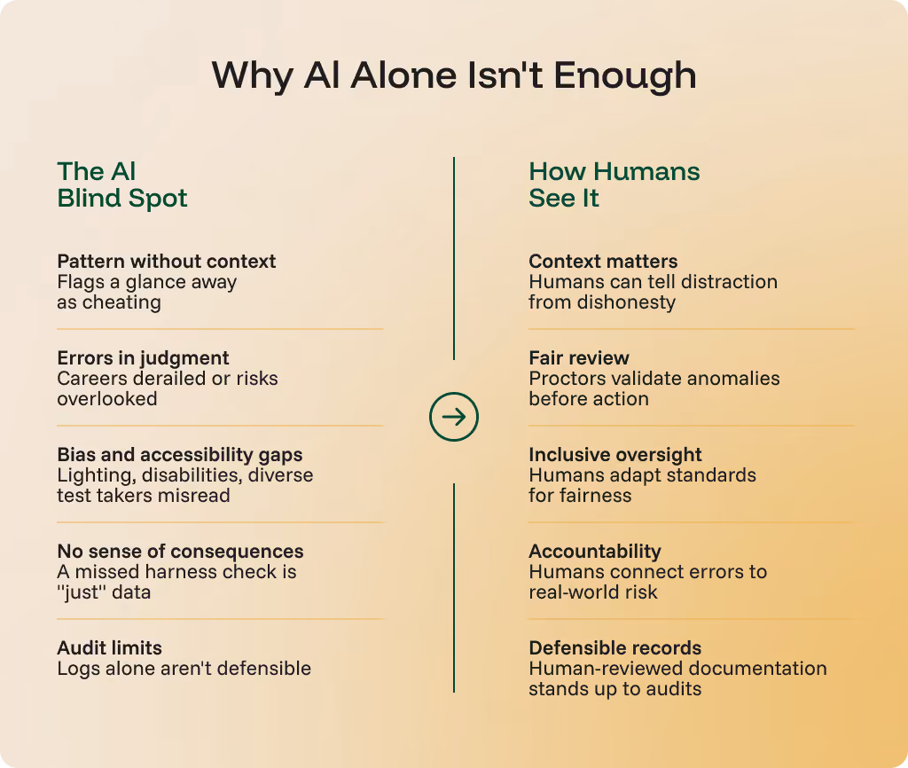Designed graphic with two columns of text explaining AI blind spots and how humans view them.