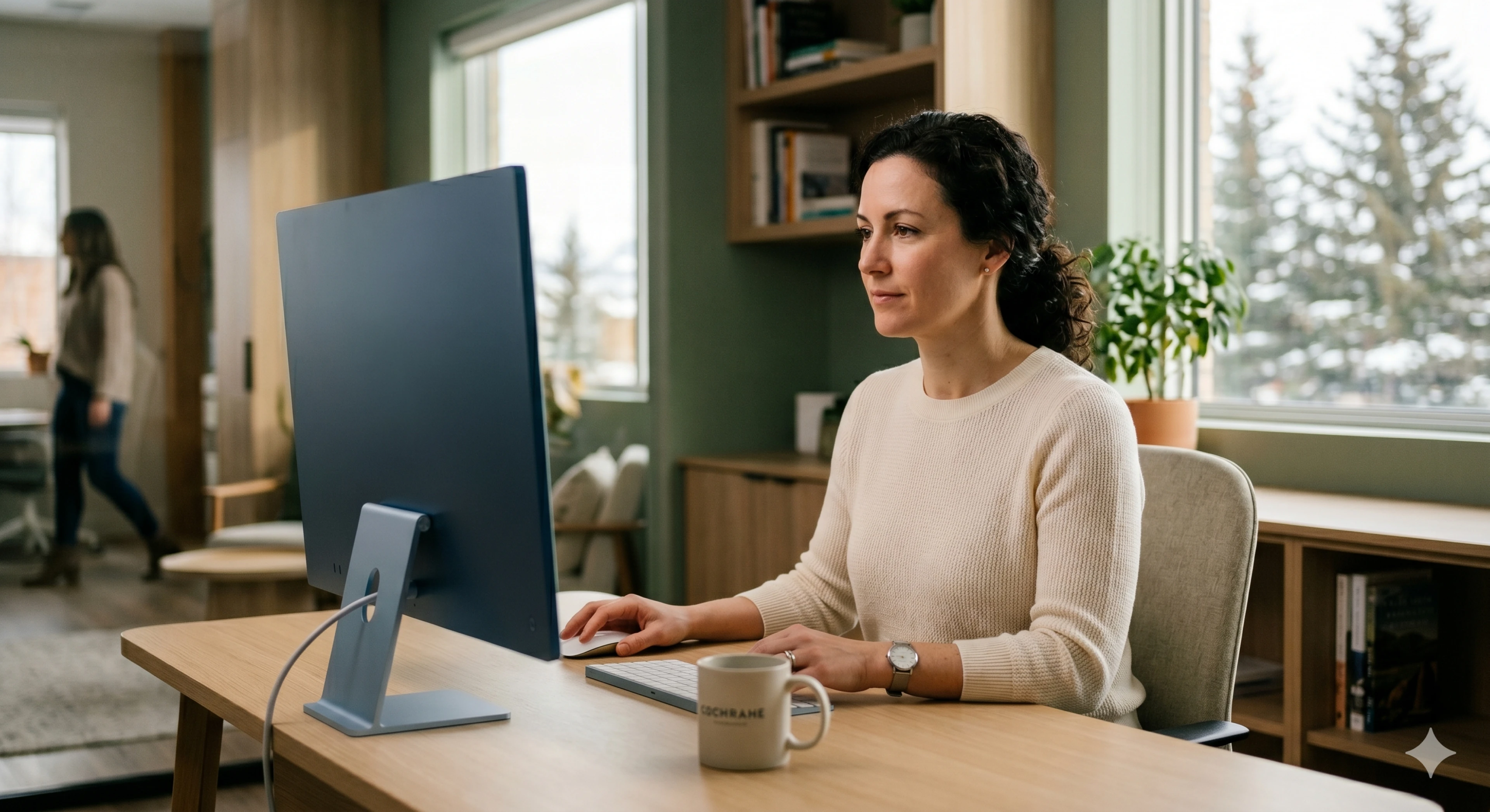 Woman working on a laptop at a home desk, with plants and natural light in the background.