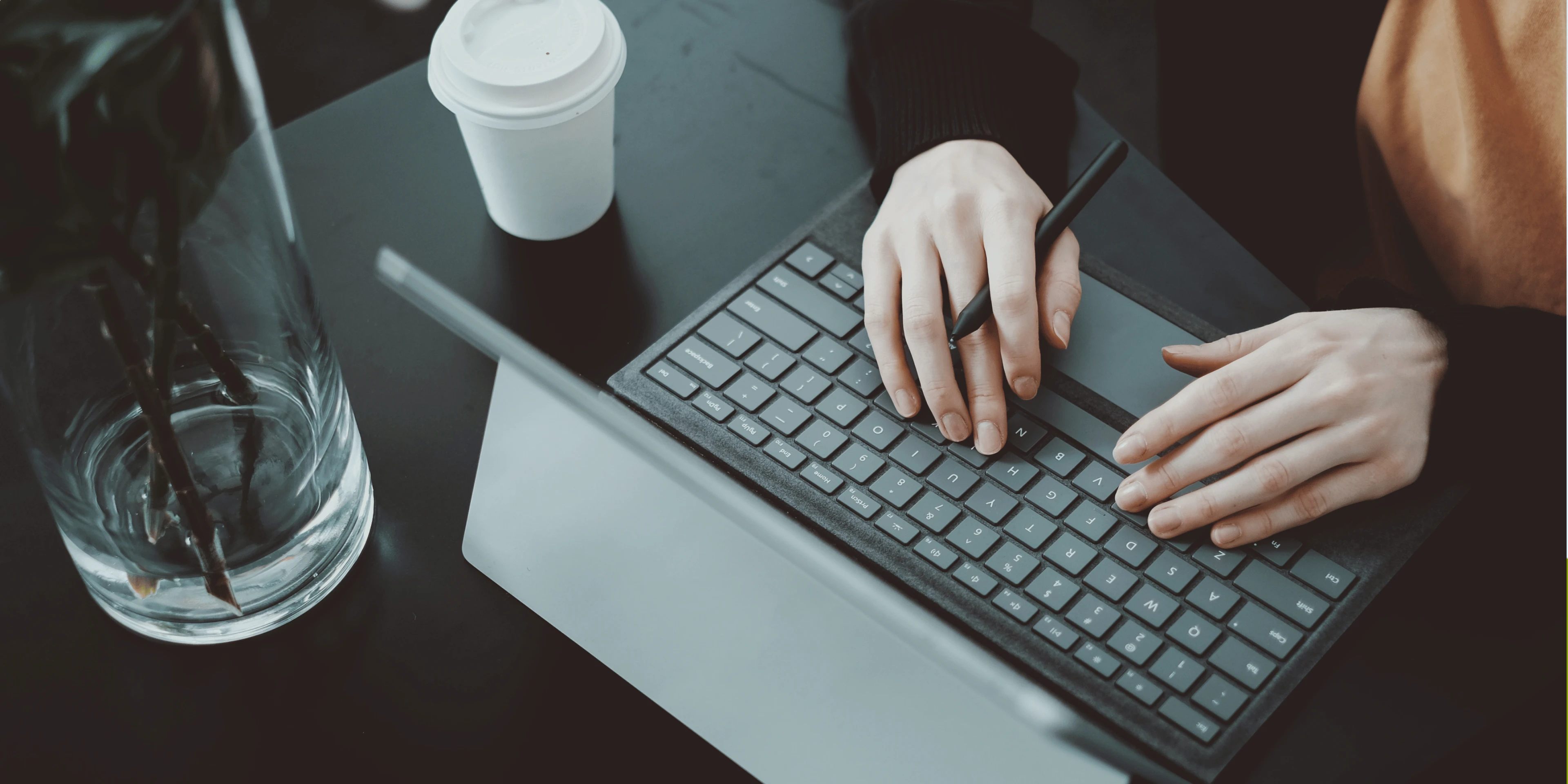Woman working on a laptop at a home desk, with plants and natural light in the background.