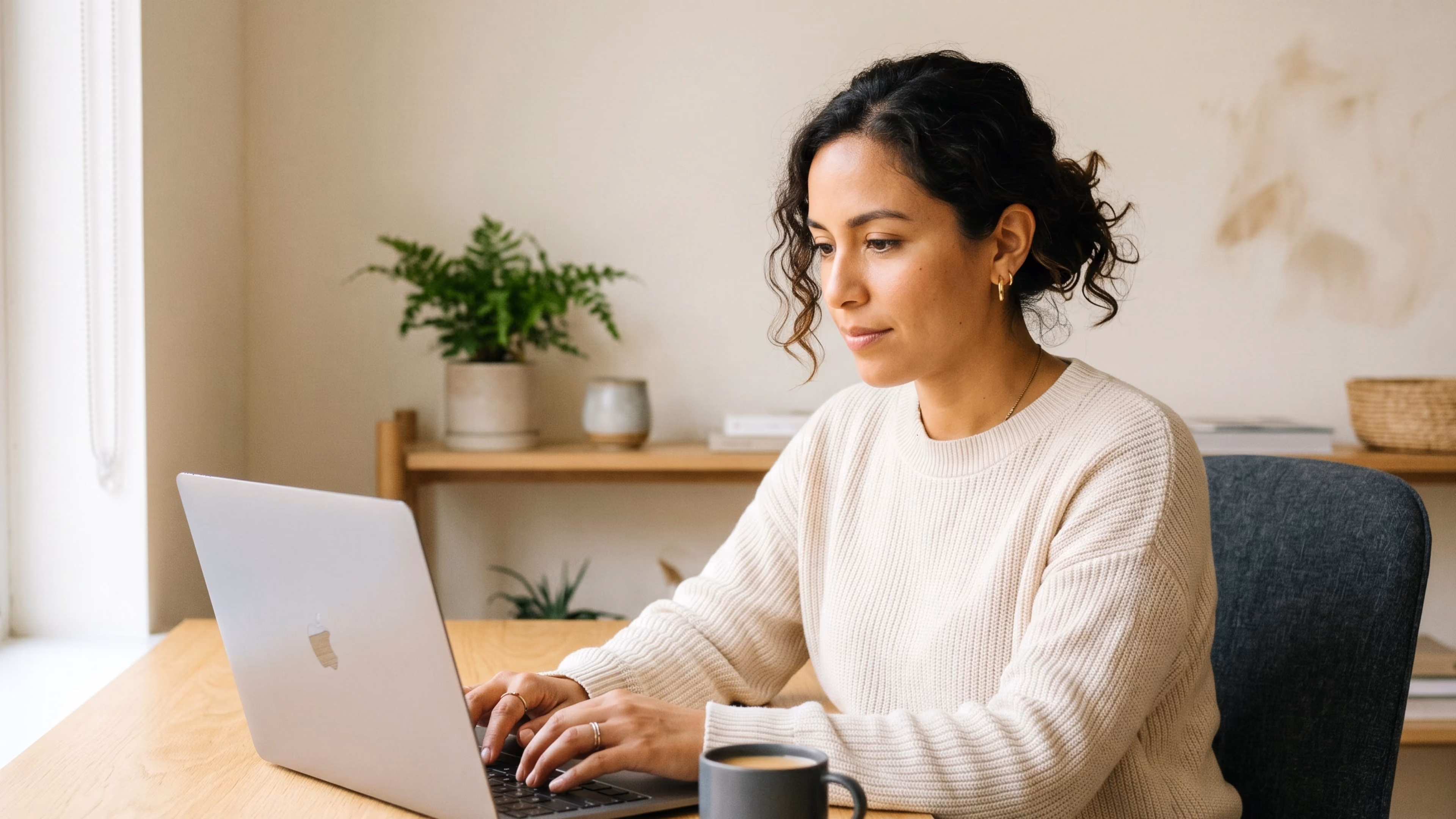 woman wearing a cream sweater works focusedly on a silver laptop at a wooden desk near a window, illustrating a student or test-taker engaged in an online exam environment.