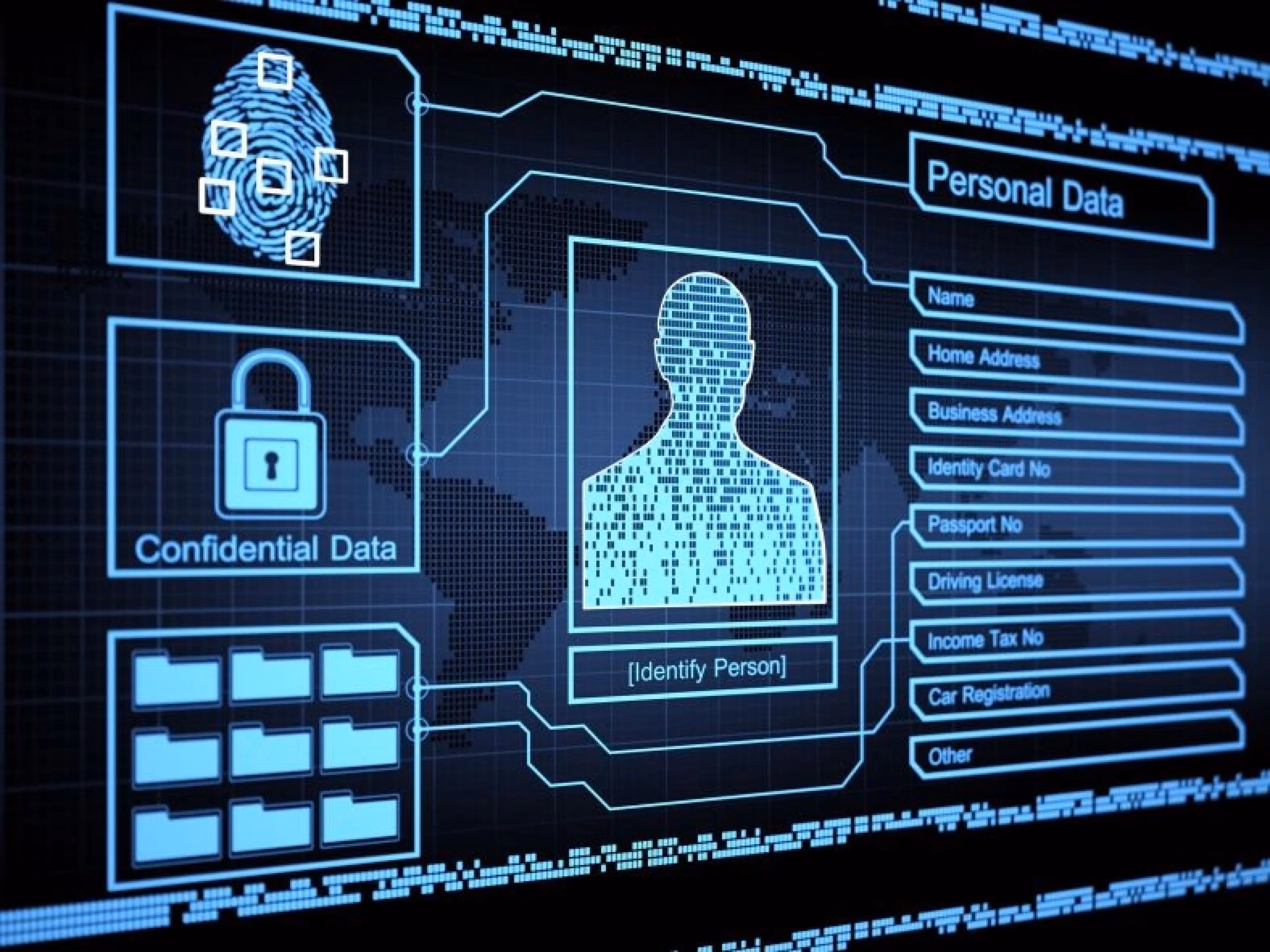 A digital interface displaying personal data fields and identity information, representing the data stockpiling practices that put student privacy at risk in online proctoring.