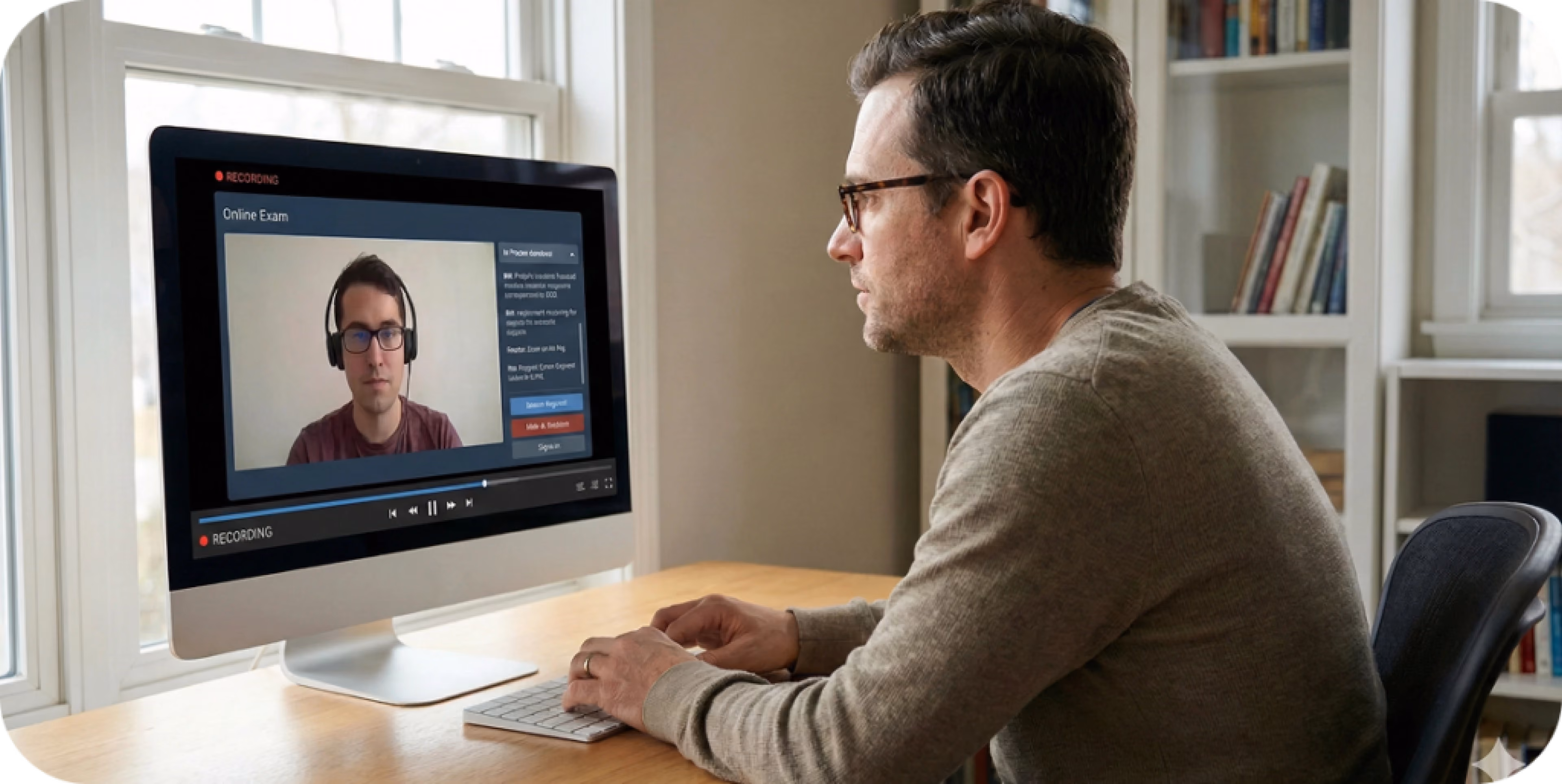 Man taking an online exam at his desktop computer while being recorded, illustrating hybrid AI and human proctoring.