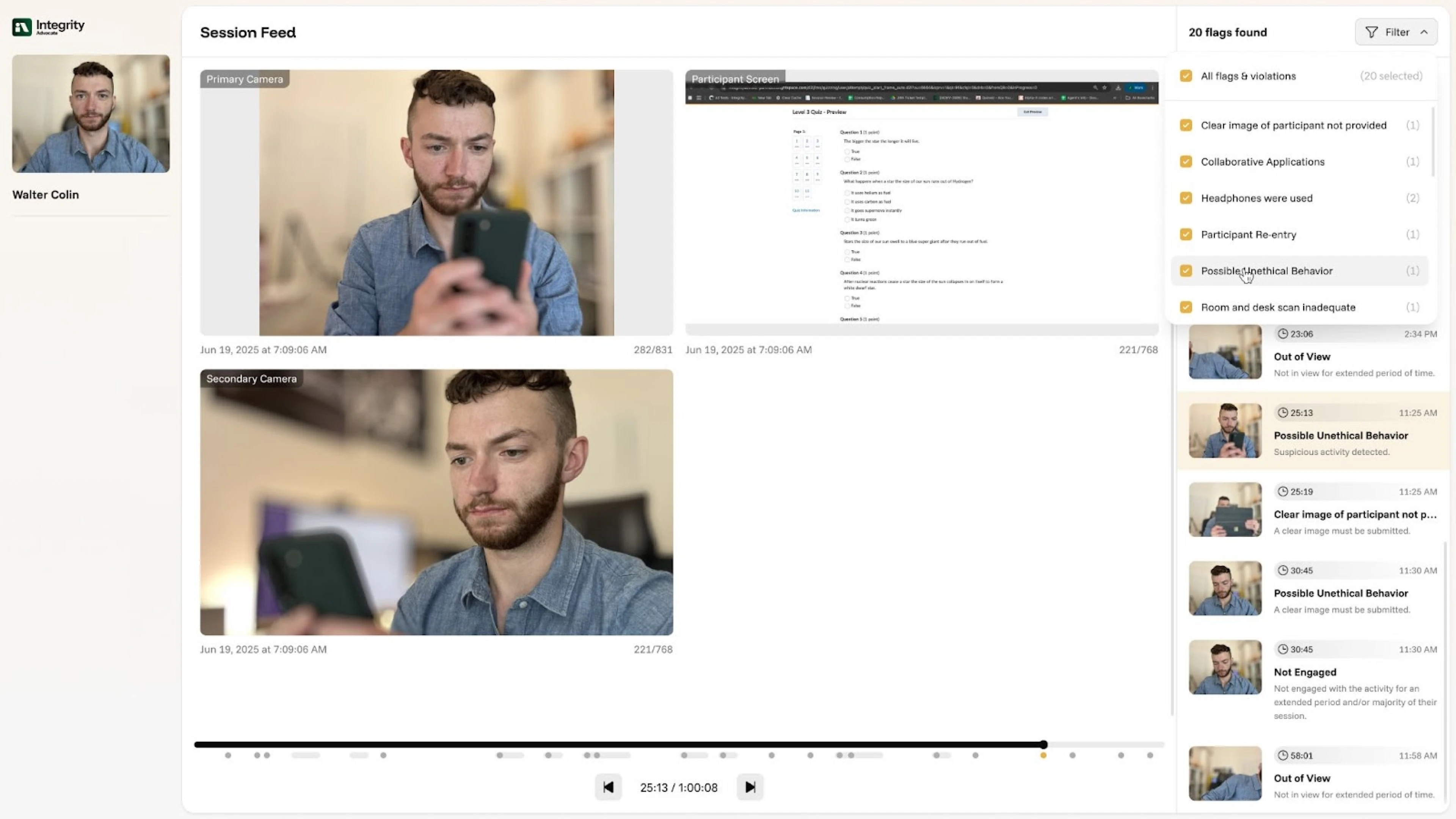 The Integrity Advocate session feed interface showing primary and secondary camera views of a participant alongside a flagged violations panel with timestamped events including out of view, possible unethical behavior, and not engaged flags, representing t