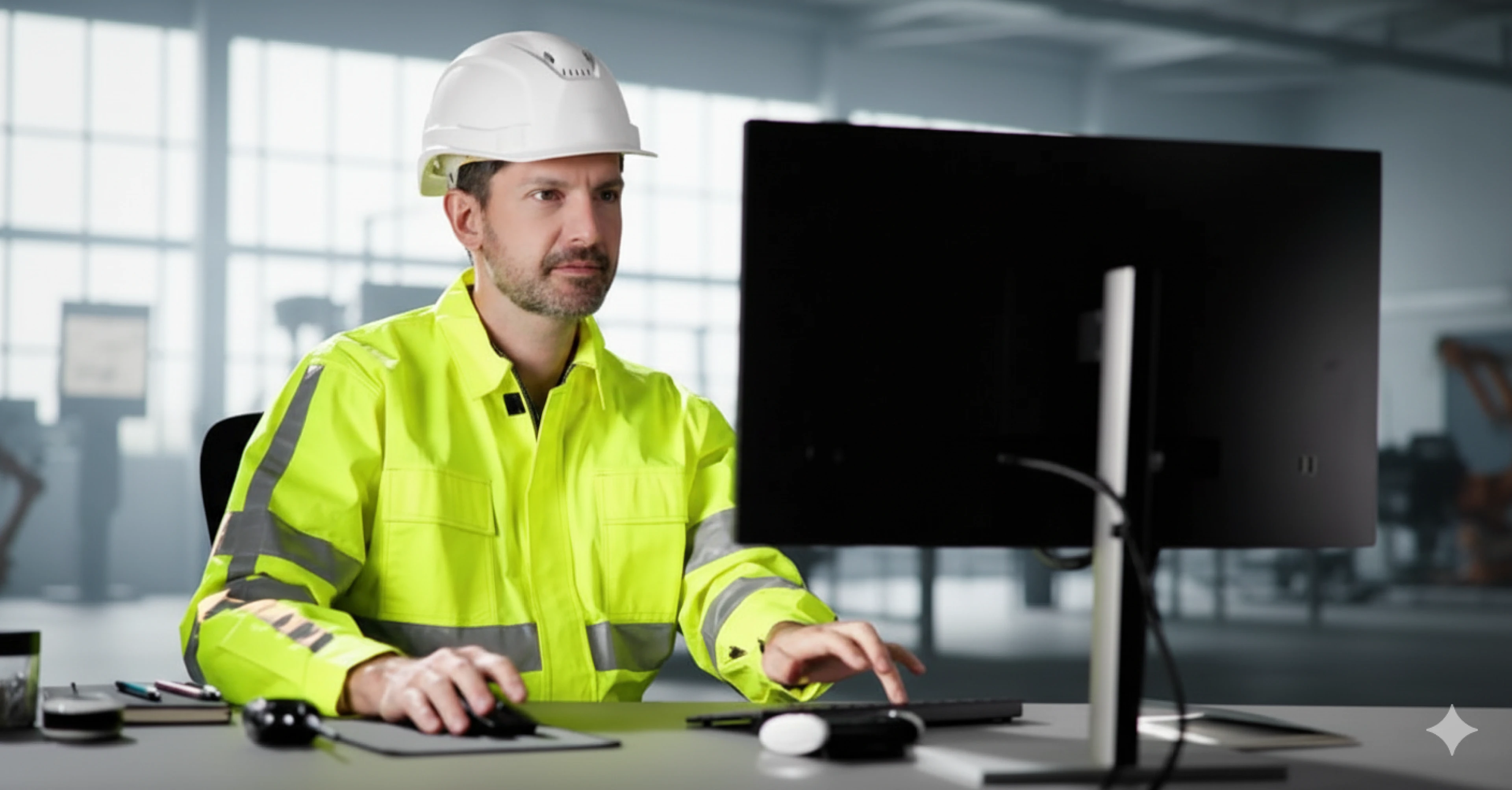Supervisor reviewing worker certifications on a computer at an active job site.