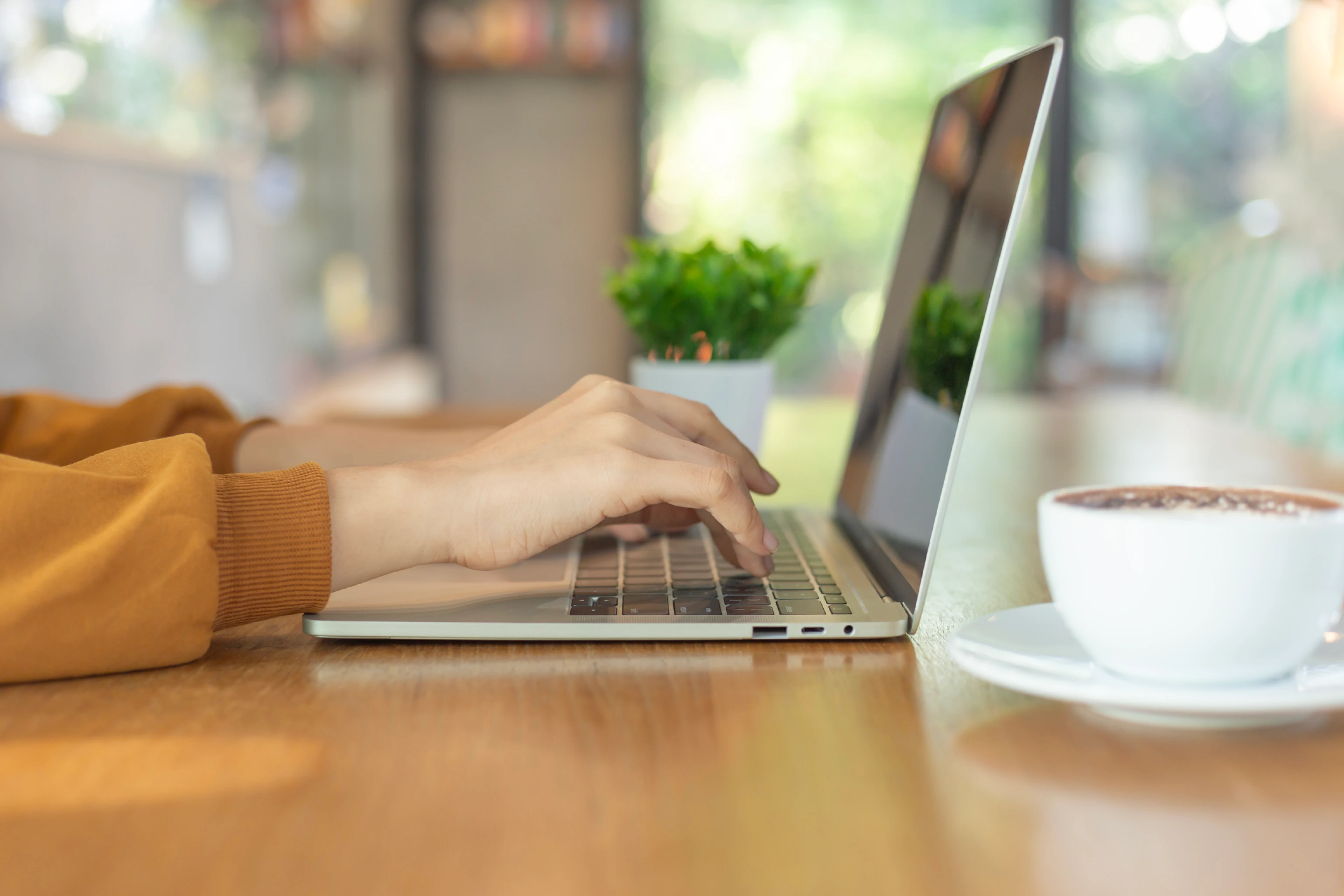 Woman working on a laptop at a home desk, with plants and natural light in the background.
