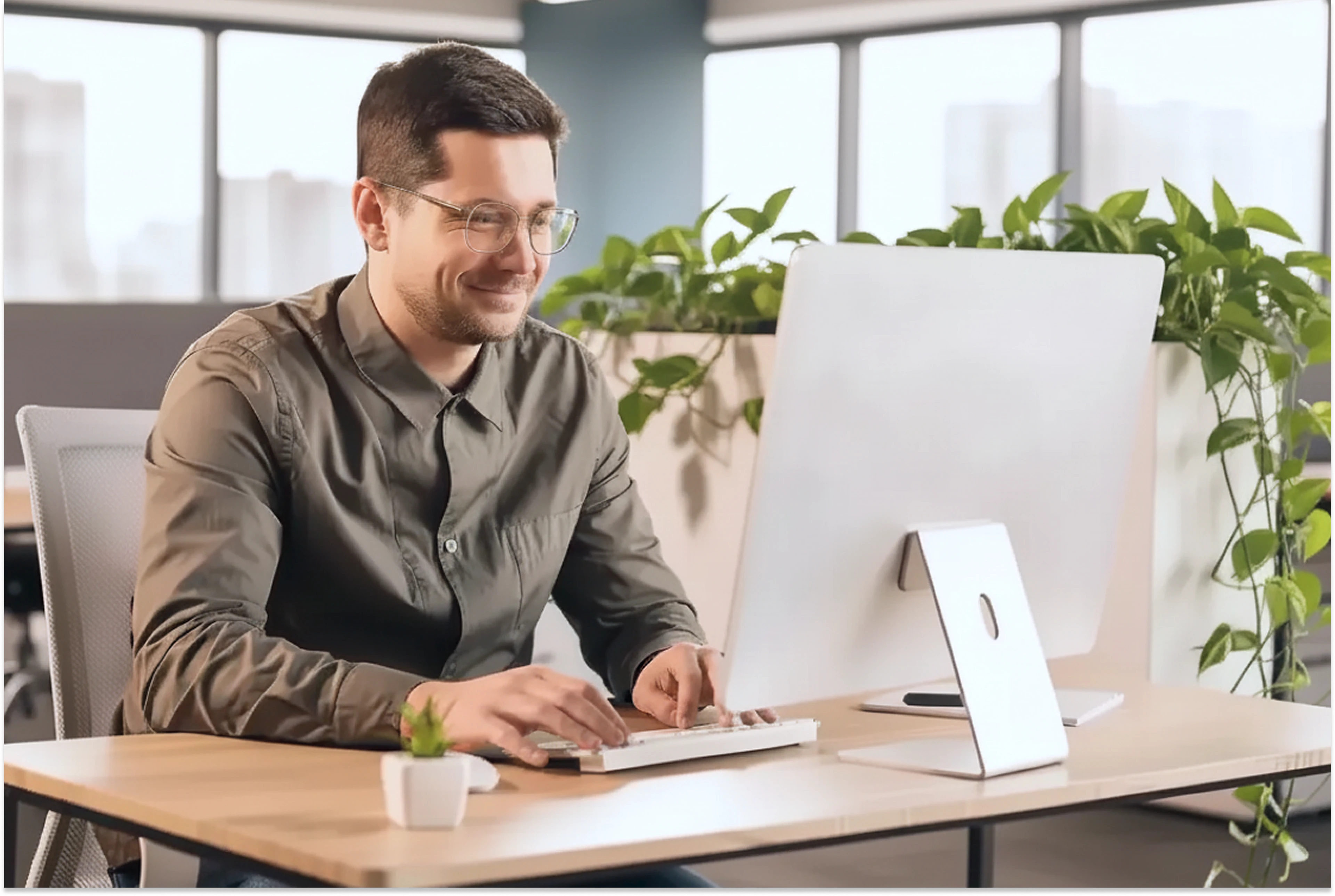 An administrator reviewing online proctoring results on a desktop computer in a modern workspace.