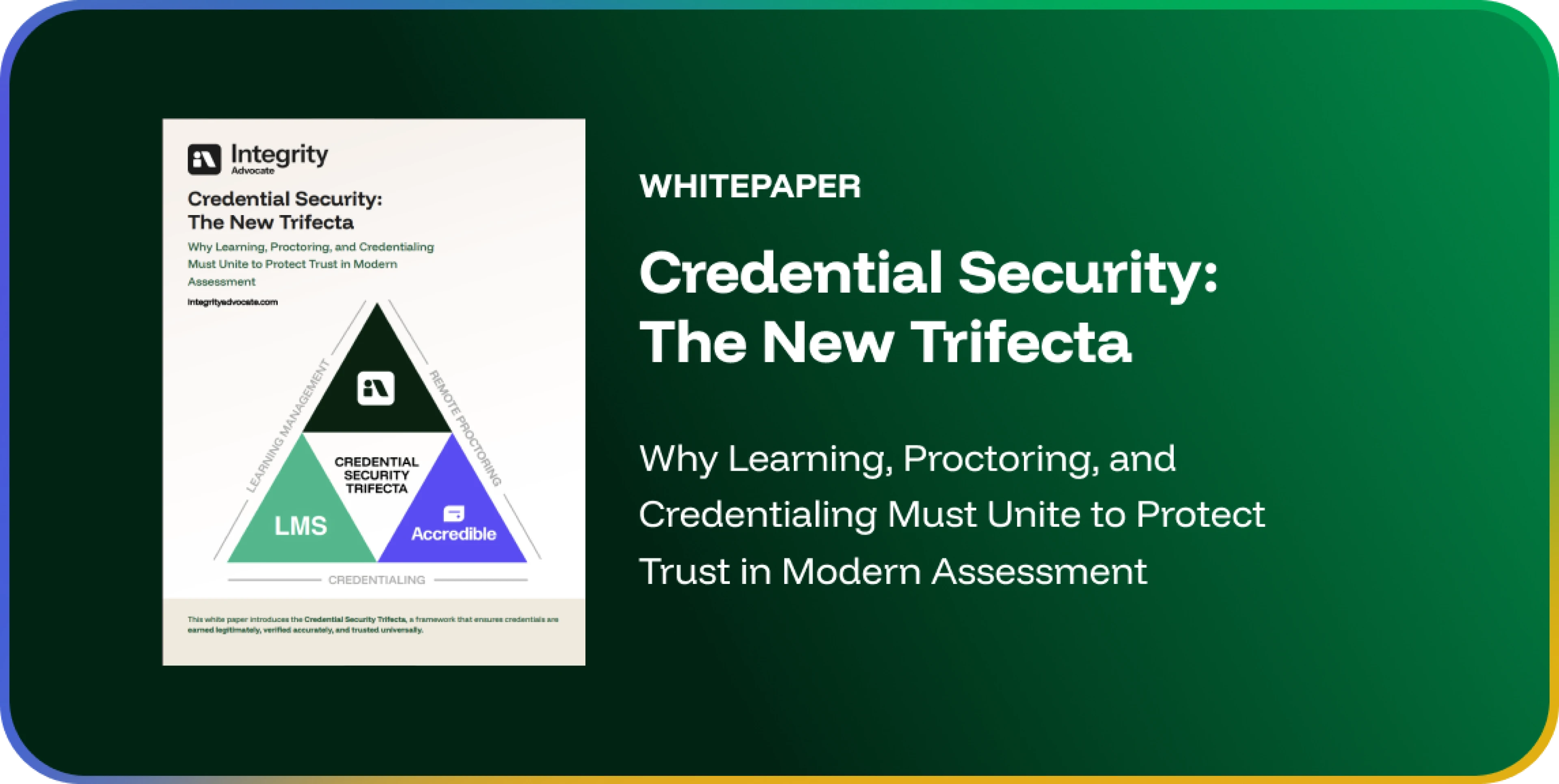 Credential Security whitepaper cover featuring a triangle diagram connecting LMS, remote proctoring, and Accredible under the Credential Security Trifecta framework.