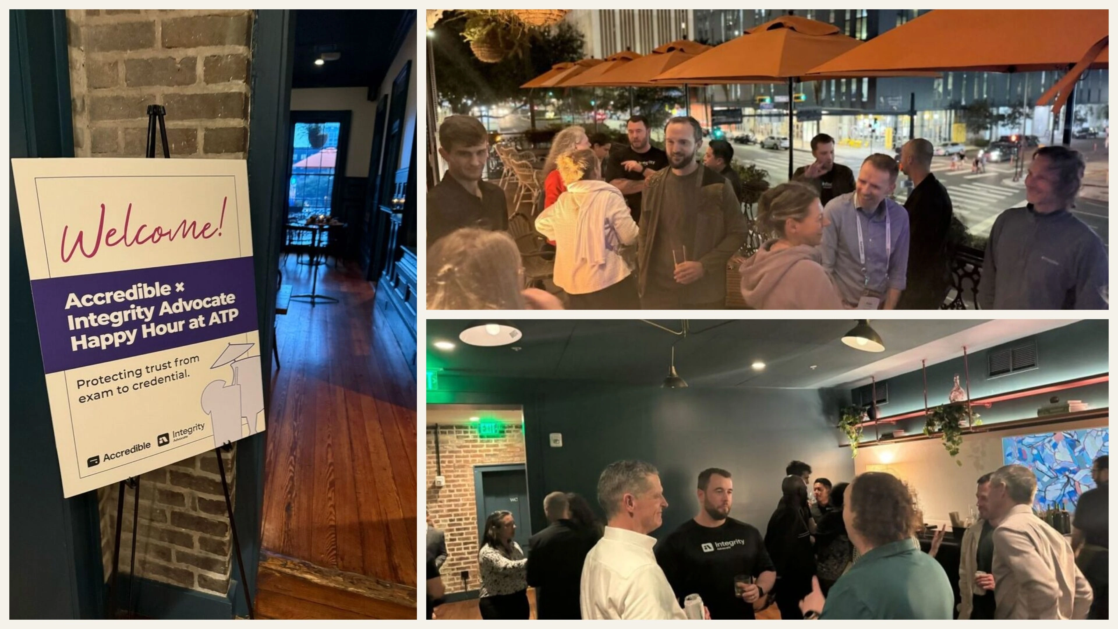 Accredible and Integrity Advocate teams networking with assessment professionals during a joint happy hour at ATP 2026.