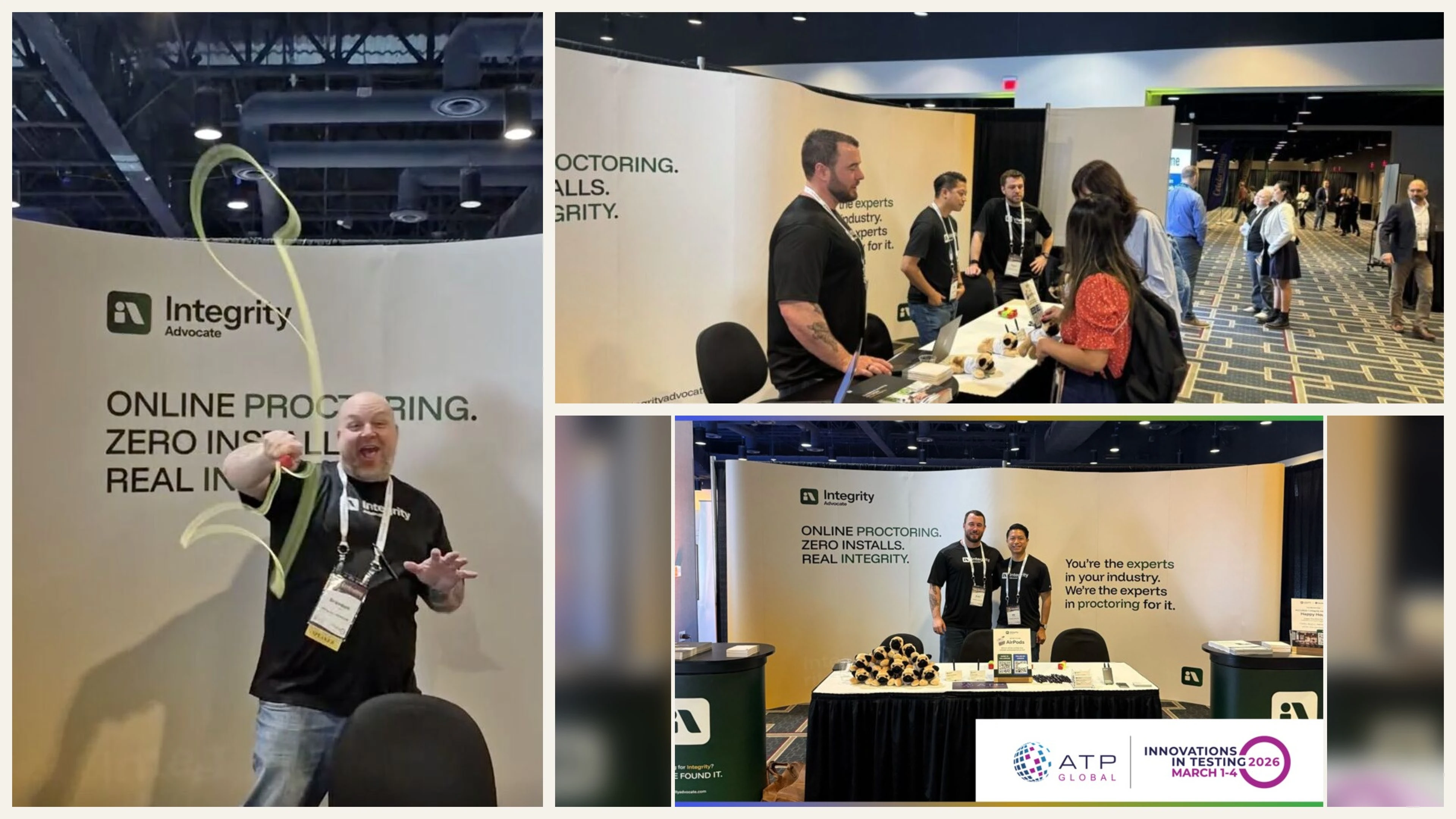 Integrity Advocate team members engaging with attendees at their exhibitor booth during the ATP Innovations in Testing 2026 conference.