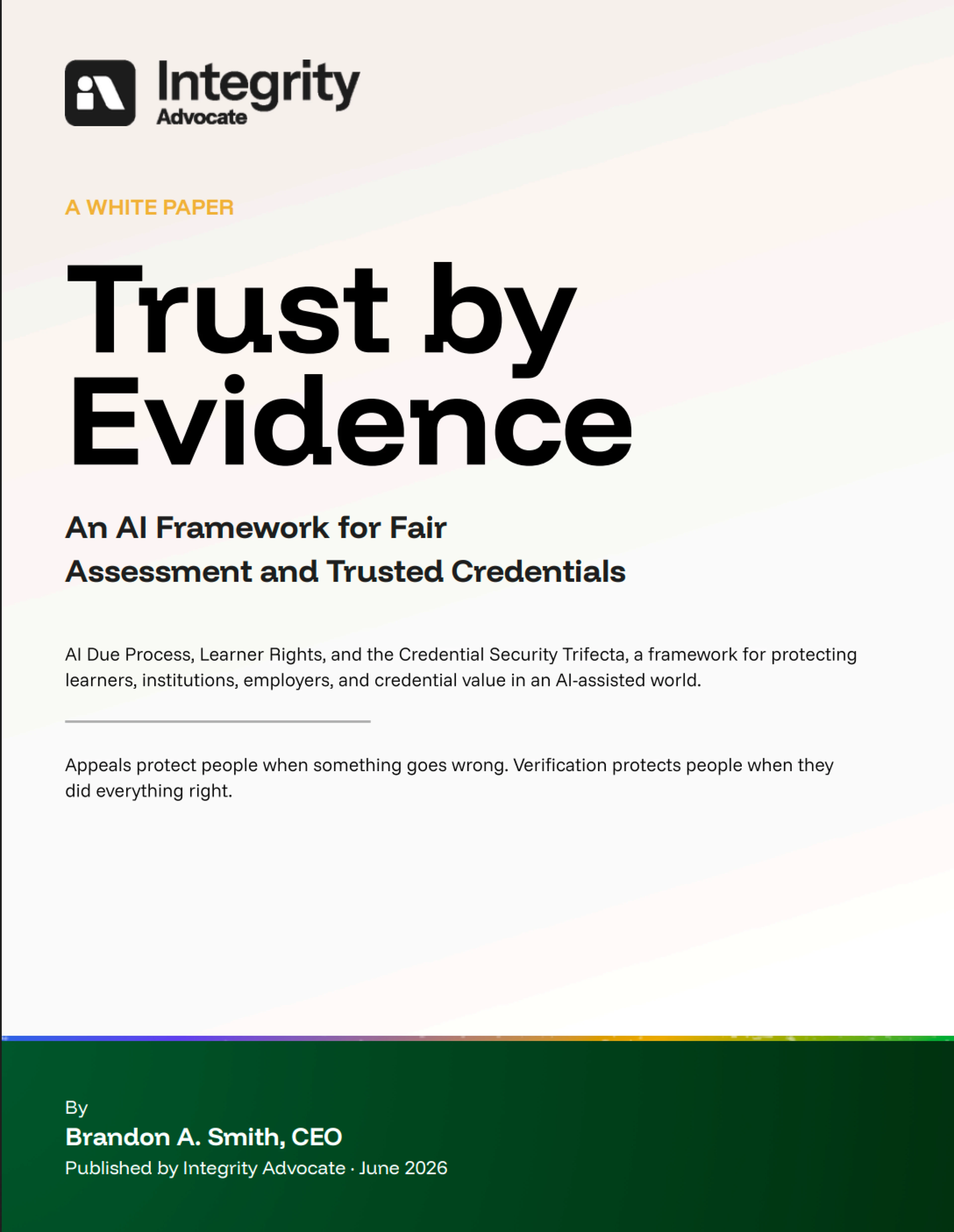 Trust by Evidence whitepaper cover, an AI framework for fair assessment and trusted credentials