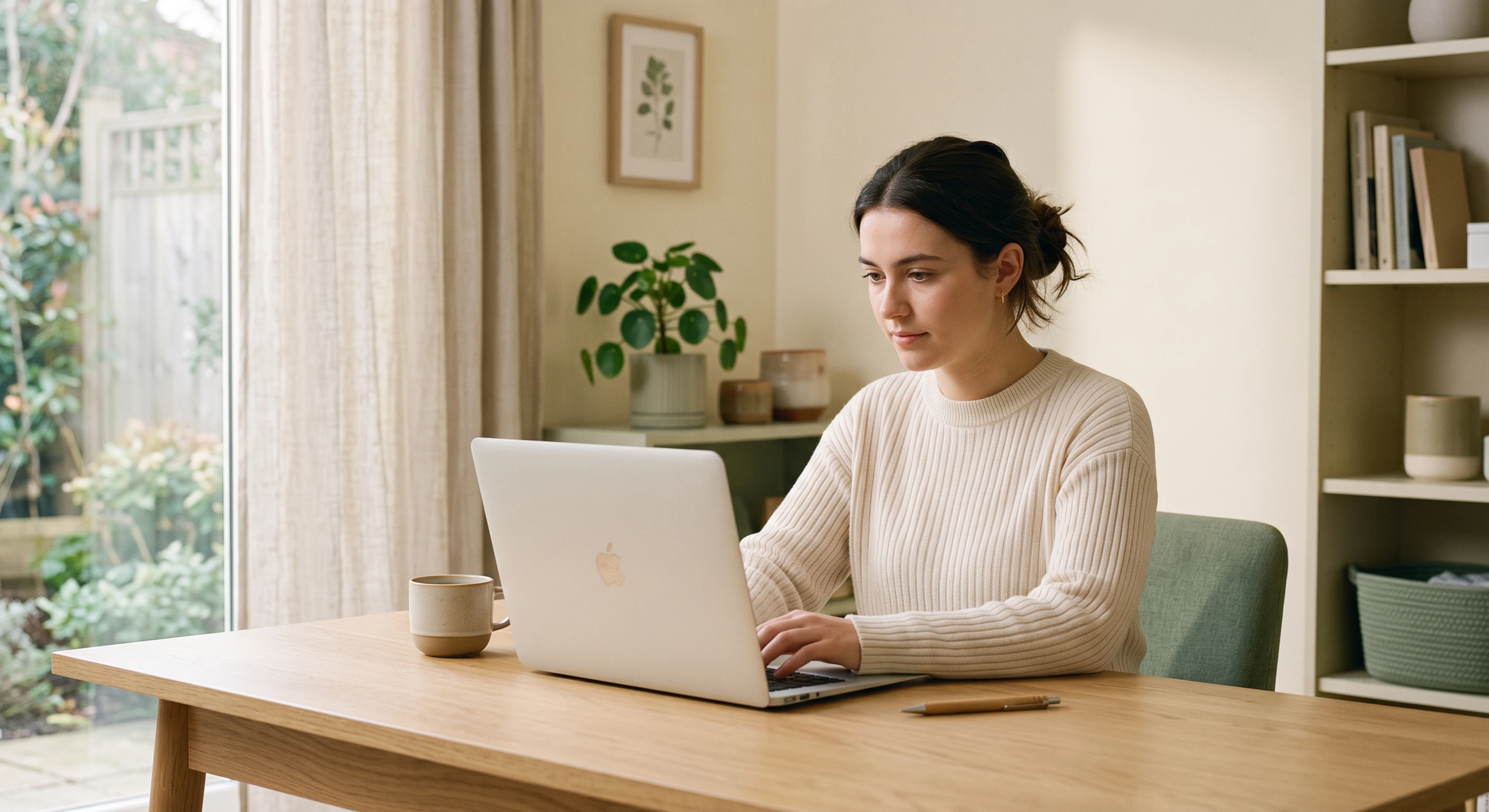 Woman working on a laptop at a home desk, with plants and natural light in the background.