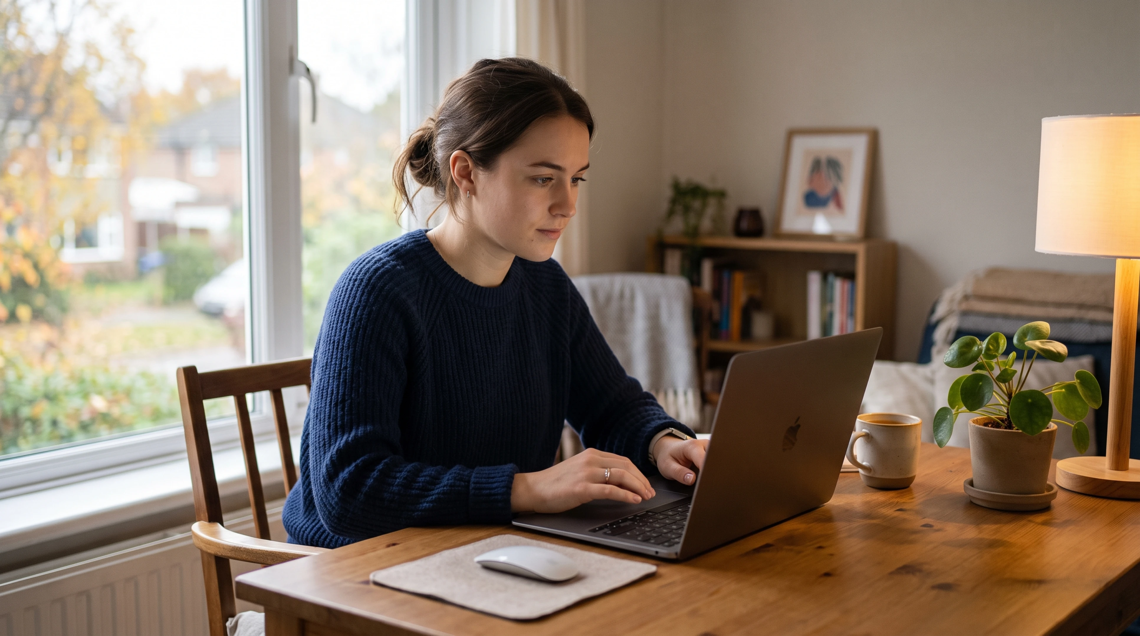 Femme travaillant sur un ordinateur portable à un bureau à domicile, avec des plantes et de la lumière naturelle en arrière-plan.