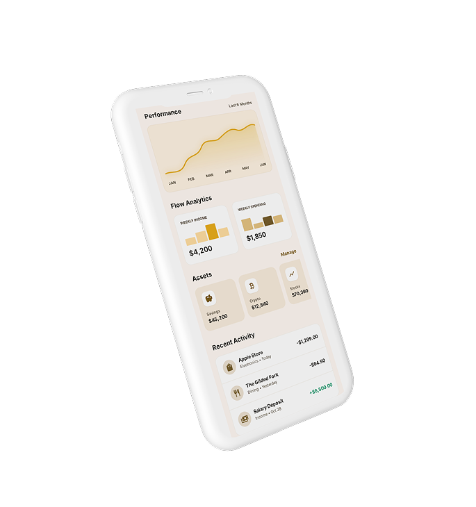 Pantalla de móvil con gráfico de rendimiento, análisis de flujo, activos y actividades financieras recientes.