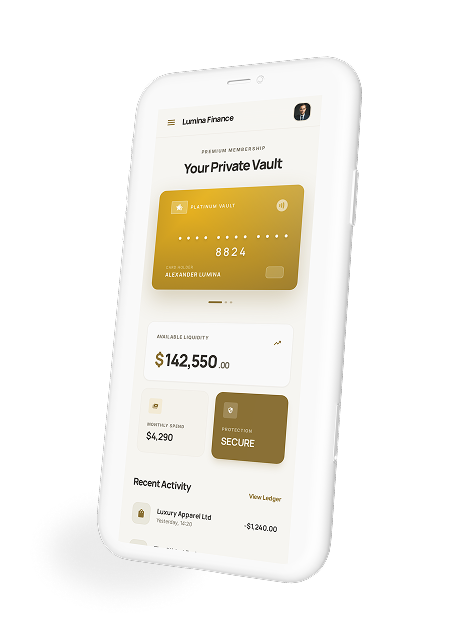 Pantalla de móvil mostrando una app financiera con saldo disponible, gasto mensual y actividad reciente.