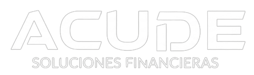 Logotipo blanco de ACUDE con texto Soluciones Financieras sobre fondo negro.