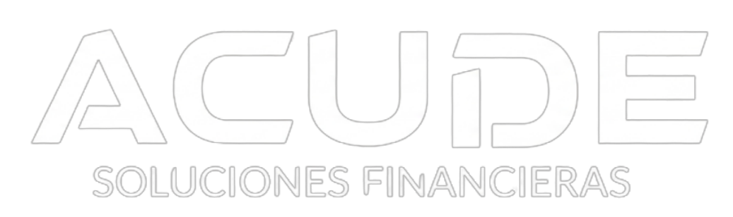 Logotipo blanco de ACUDE con texto Soluciones Financieras sobre fondo negro.