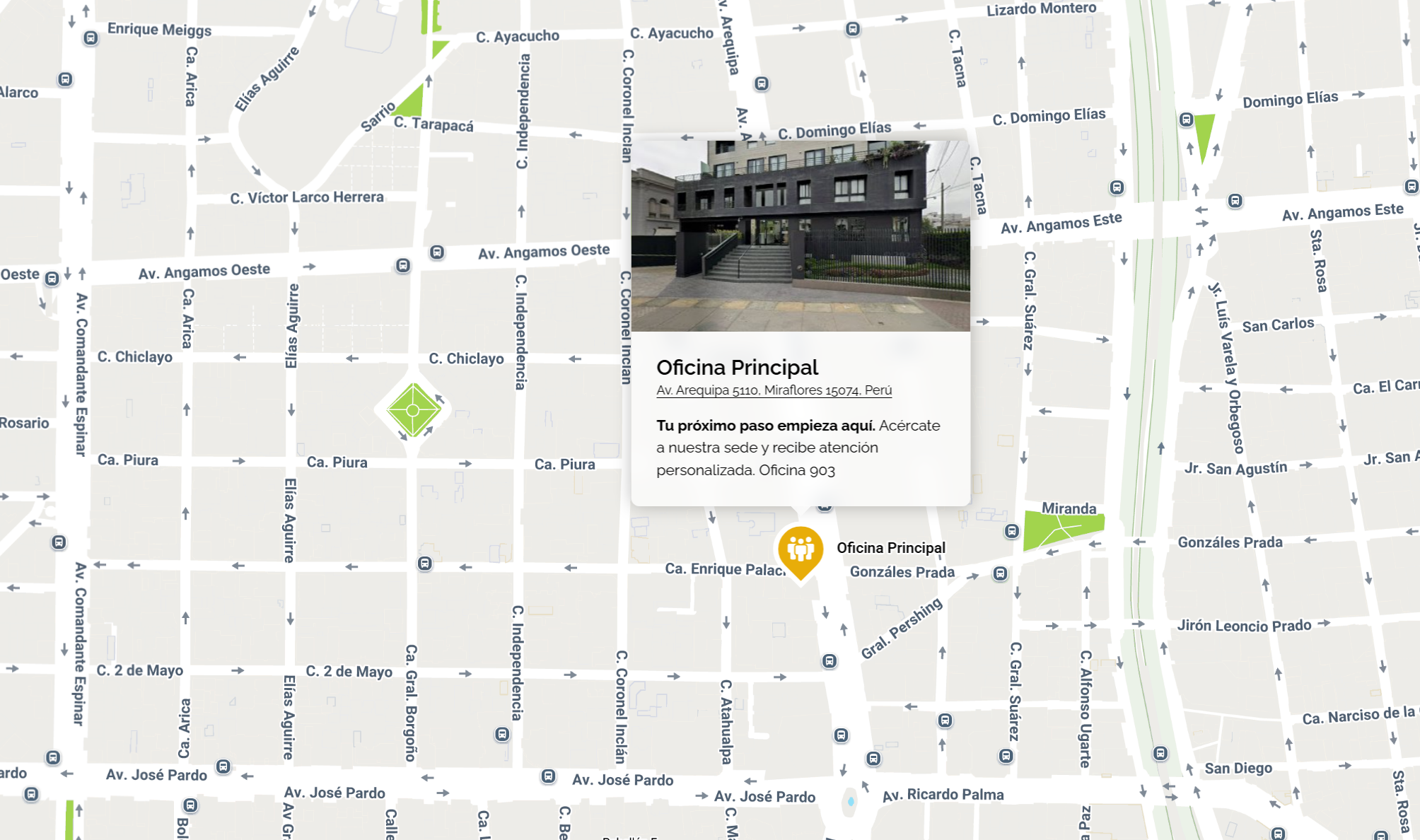 Mapa mostrando la ubicación de la Oficina Principal en Av. Arequipa 5110, Miraflores, Perú