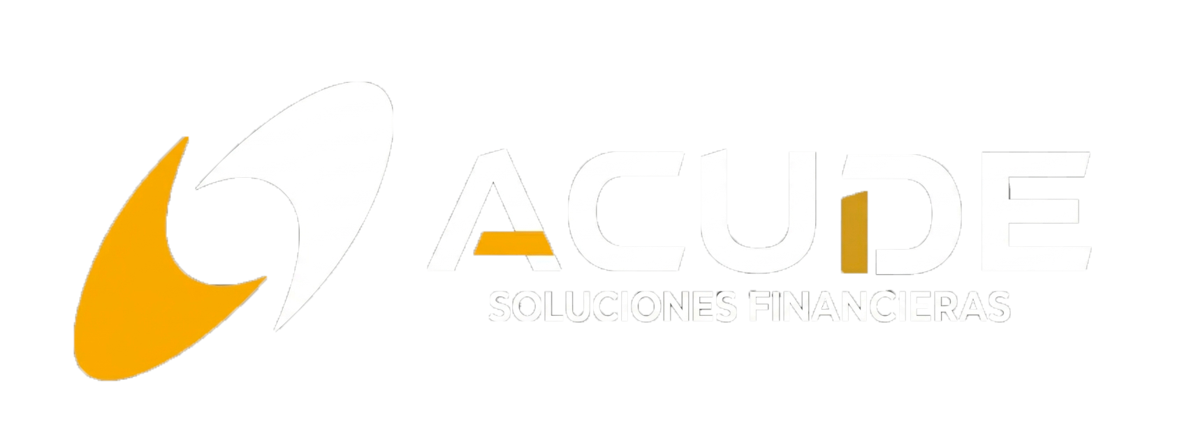 Logotipo de ACUDE con dos formas curvas amarilla y blanca, texto 'Soluciones Financieras' debajo.